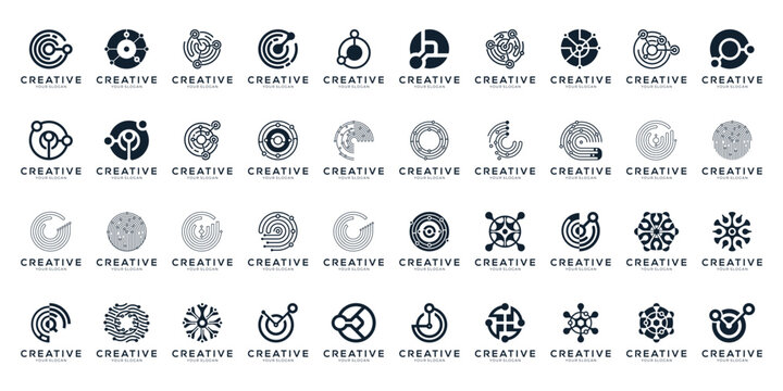 Big Collection of Network Connection and Data Circle Logo Design. Abstract Geometric Circuit Dots and lines Technology. Icon vector isolated on white background.