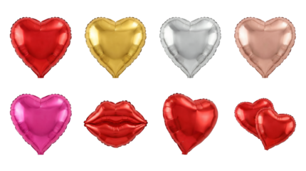 Heart balloon set including red, gold, silver, rose gold, and pink foil colors plus lips and double heart shapes isolated. Romantic party and valentines day decoration collection.