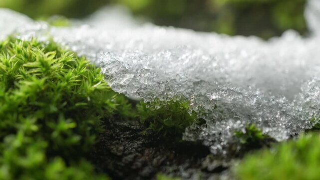 Close-up of melting snow on moss-covered tree trunk in forest, macro timelapse nature renewal, climate change from winter to spring thaw, seasonal transition, green moss and ice melting in woodland
