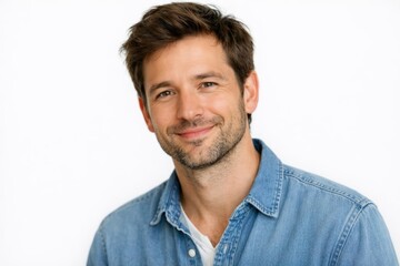 Obraz premium Smiling Man in Denim Shirt Portrait.
