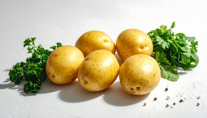 A cluster of fresh golden potatoes with vibrant green parsley sprigs on a white textured backdrop