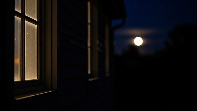 Night scene with moonlight shining through a window with copy space