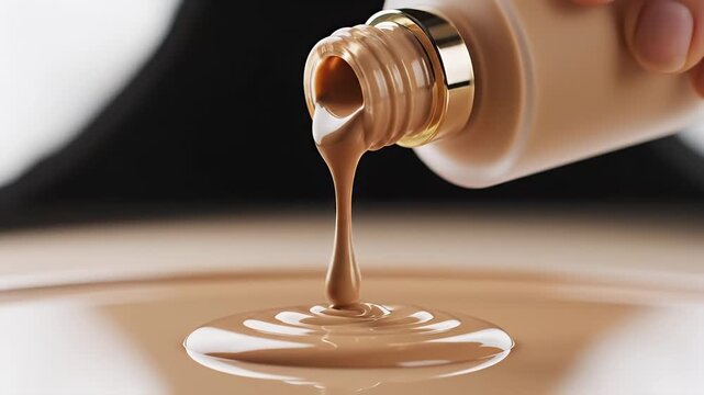 Closeup of a hand pouring liquid foundation from a bottle to create a smooth texture for makeup application