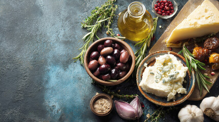 Top view of Mediterranean appetizer set with various olives in a wooden bowl, feta cheese, blue cheese, olive oil, fresh rosemary, and garlic on a dark textured background with space for text