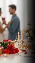 Romantic dinner setup with red roses and candles with copy space