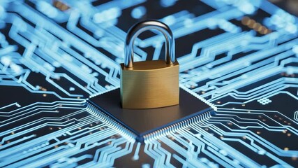 Closeup of golden padlock on illuminated circuit board symbolizing cybersecurity and data protection - Powered by Adobe
