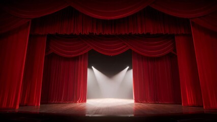Red theater curtains opening on empty stage with spotlight. Dramatic performance introduction, show opening, presentation reveal, entertainment background