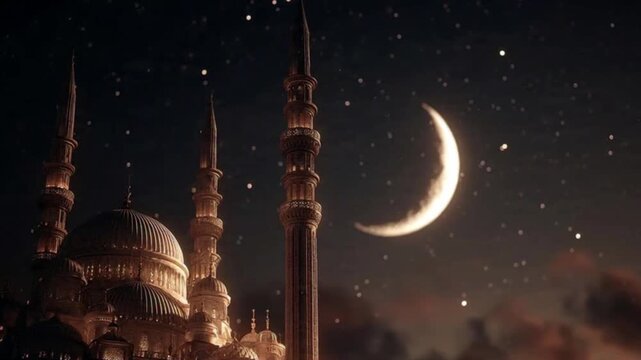 Ramadan Kareem Eid moon night background with crescent moon rising above mosque domes, calm sky view expressing spirituality and Islamic tradition.
