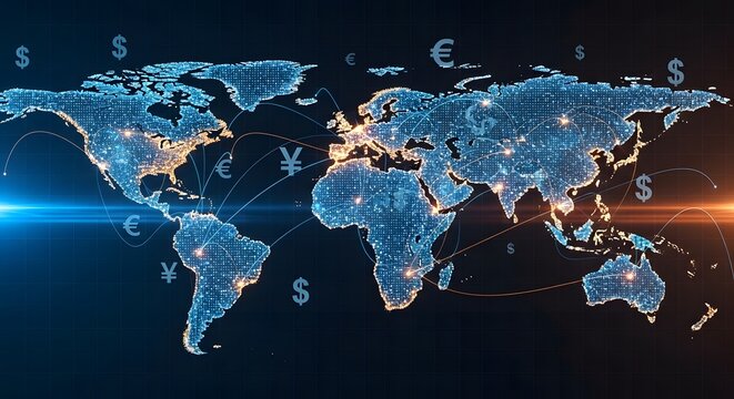 Global currency exchange network map with glowing connections on dark background - Powered by Adobe
