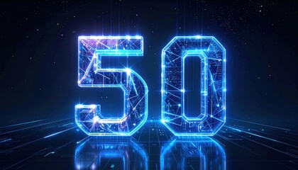 Futuristic glowing number 50 on a dark background.