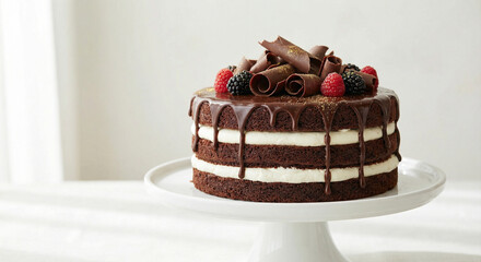Chocolate Layer Cake with Berries, Cream Filling, and Chocolate Curls on White Cake Stand.