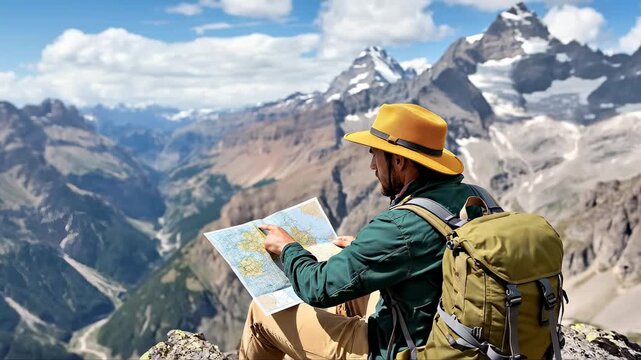 Man looks at map while sitting on rocky edge of mountain. Surrounded by high peaks and blue sky, he enjoys nature. Concept of hiking, outdoor adventure, travel guide