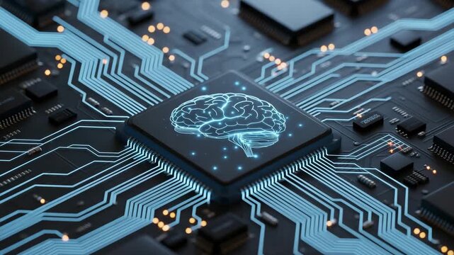 Futuristic circuit board with glowing brain chip close up technology innovation concept