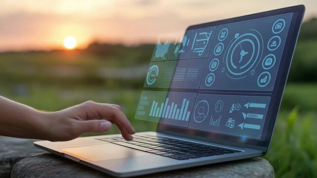 Person Using Laptop with Holographic Data Visualization Display in Outdoor Setting at Sunset