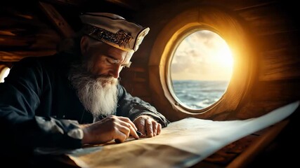 Sailor studies map intently in ship cabin with sunlight entering through round porthole. Ocean view in background adds focus to navigation task. Concept of maritime exploration, adventure, history