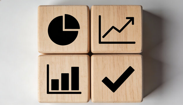 Four wooden cubes in grid with pie line and bar charts and check icon representing business analytics data visualization metrics reporting and success concept - Powered by Adobe