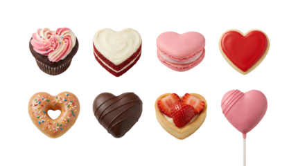 Valentine heart shaped dessert set including cupcake, red velvet cake, macaron, sugar cookie, glazed donut, chocolate candy, strawberry tart, and cake pop. Sweet bakery treat collection.
