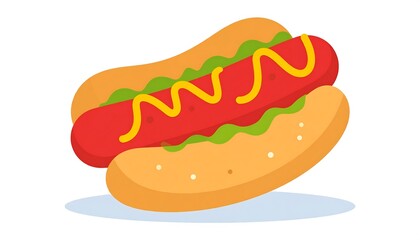 Flat design illustration of a classic hot dog with mustard and relish on a white background.