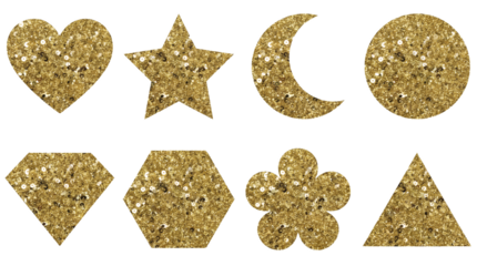 Gold glitter shape set including heart, star, moon, circle, diamond, hexagon, flower, and triangle isolated. Sparkling metallic decorative elements for crafts and design.