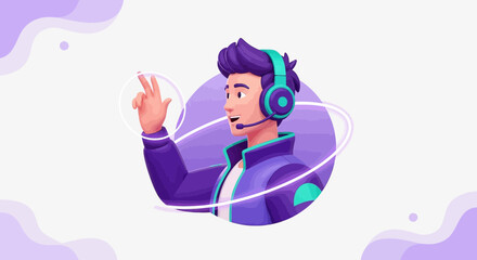 Obraz premium Modern support operator with headset illustration displaying tech user interface interaction