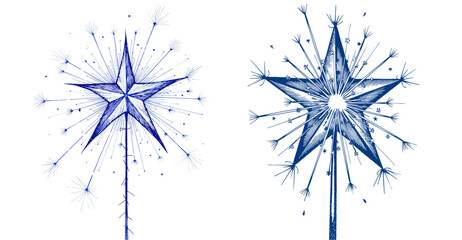 Obraz premium Set of star-shaped sparklers with blue ink sketch for Independence Day 
