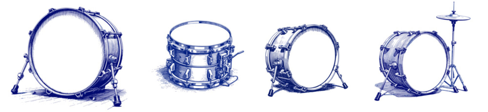 Vintage sketch of snare drums and drum kit in blue ink for Independence Day  