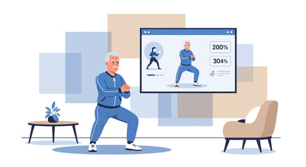 Senior man follows online exercise class to maintain his fitness and vitality at home