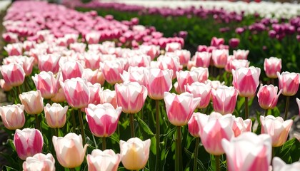 Vibrant field of pink and white bicolored tulips blooming in a sunny spring garden.