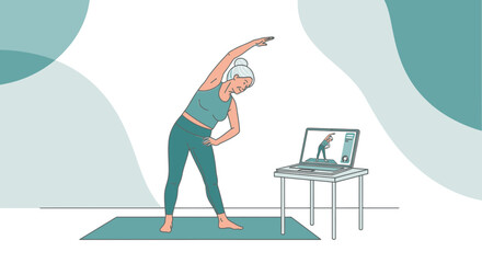 Senior woman doing stretching exercise at home following online fitness class guidance