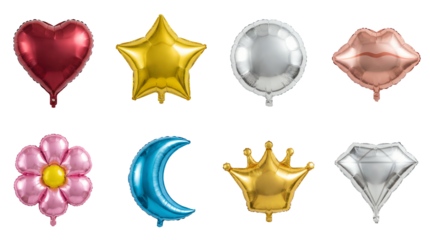 Mylar balloon set including heart, star, circle, lips, flower, crescent moon, crown, and diamond shapes isolated. Party and celebration decor collection.