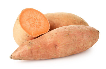 Whole and cut sweet potatoes isolated on white