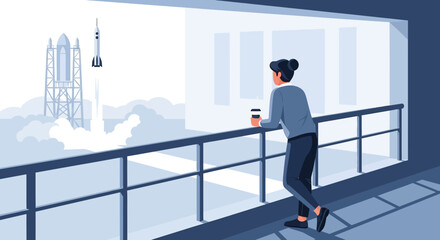 Obraz premium Serene observation of a majestic rocket launch from a modern architectural space