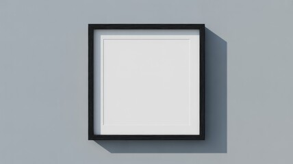 Empty black picture frame on gray wall for art display
