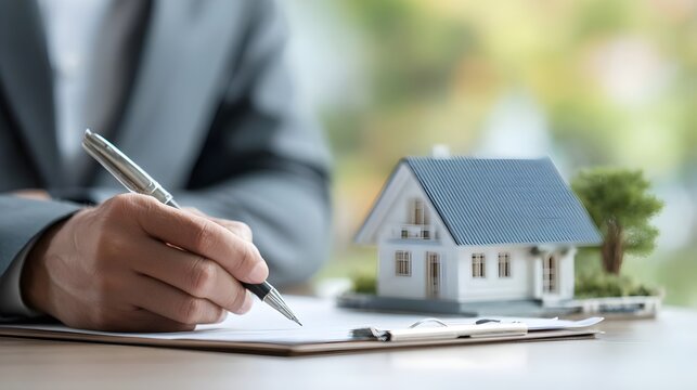 Real estate agent presenting sample home and mortgage contract to customer. Concept: Real estate transactions, home purchase and sales agreements, mortgage loans, home insurance, customer&ndash;agent intera