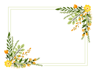 beautiful floral frame with yellow flowers and green leaves on white transparent background