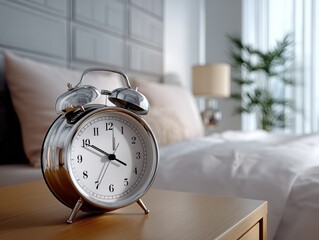 Naklejka premium Vintage Alarm Clock on Nightstand - Cozy Bedroom Still Life, Retro Timepiece, Morning Routine, Nostalgic Decor
