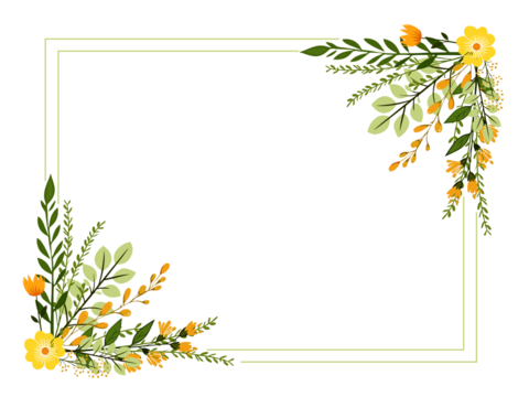 beautiful floral frame with yellow flowers and green leaves on white transparent background - Powered by Adobe