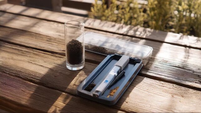 Cannabis vaping equipment with ground material on wooden table  