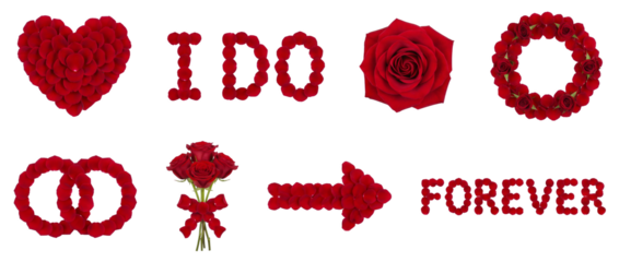Red rose petal and flower set including heart shape, i do text, wreath, rings, arrow, and forever wording isolated. Wedding and valentines day collection.