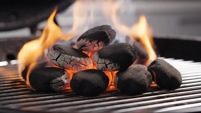 Close up of glowing hot charcoal briquettes on a grill with flames and smoke.