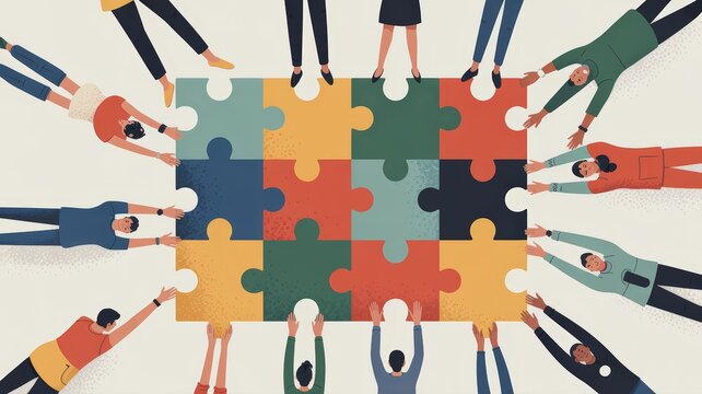 Diverse team collaborates, connecting puzzle pieces to build a shared vision.