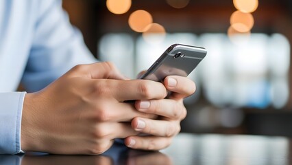 Person Using Smartphone with Blurred Cafe Background, Mobile Technology and Online Communication