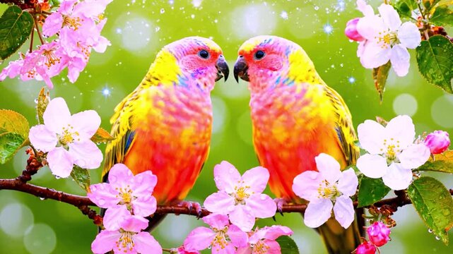 Colorful parrots sitting on branch with blooming pink flowers in lush green nature background