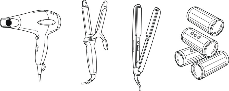 Outline illustration set of 4 hair styling electronics hair dryer curling iron hair straightener and hot rollers