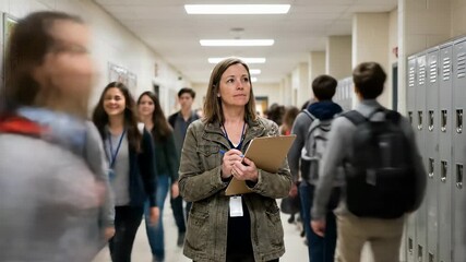 Woman looks at camera while holding clipboard in school hallway filled with students. Bright corridor with lockers. Concept of education, teaching, school management