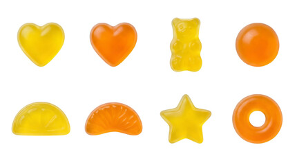 Gummy candy set including yellow and orange jellies in heart, bear, star, fruit slice, ring, and ball shapes isolated. Sweet confectionery collection.