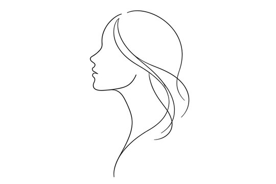 Minimalist line art portrait of a woman's side profile with flowing hair, elegant contours, and clean black outline on white background