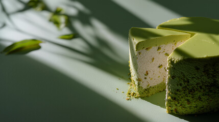 Pistachio Mousse Cake Slice in Dramatic Sunlight