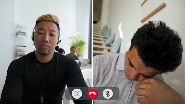 Two men are on an online call. One looks bored while the other talks. Both appear in a split screen with simple backgrounds. Time of day is not clear.