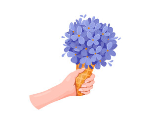 The hand holds a blue floral bouquet in waffle cone, playful stylized illustration of violet blossoms arranged like ice cream,